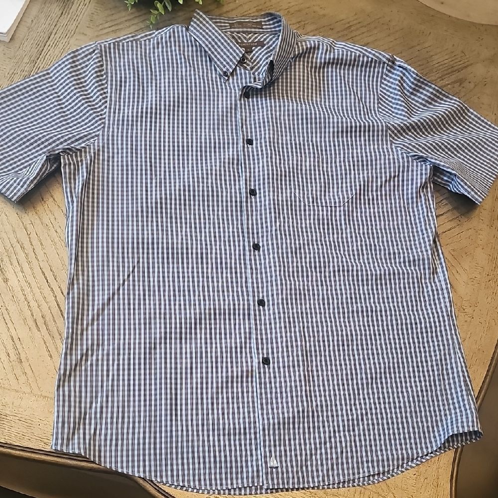 Nordstrom Men's Navy and White Check Short-Sleeve Button-Down Shirt XL